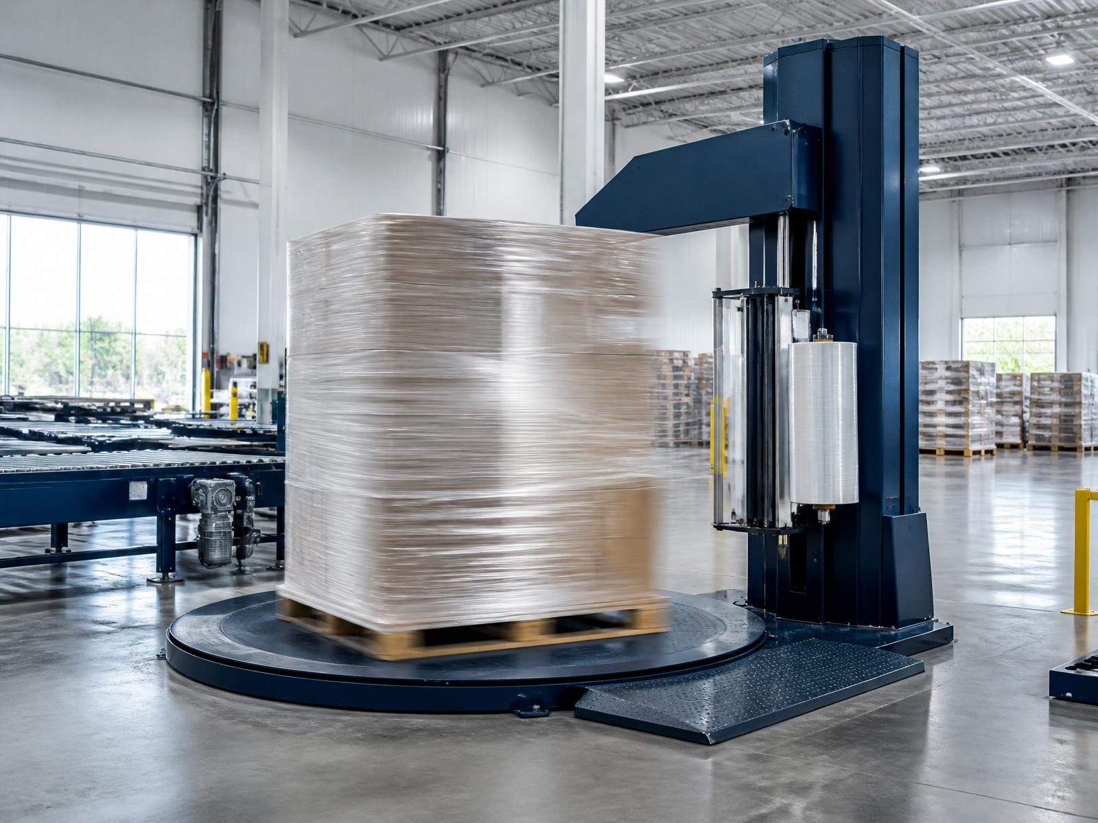 Stretch film wrapping machine in a modern warehouse
